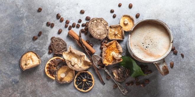 dried mushrooms, coffee beans, and a steaming cup