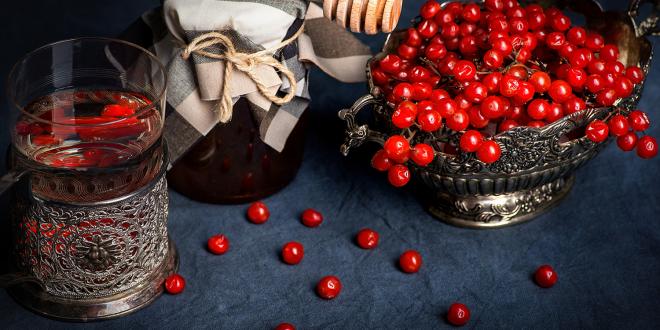 Glass in a silver coaster, a vase with medical berries and bank of honey on a dark background